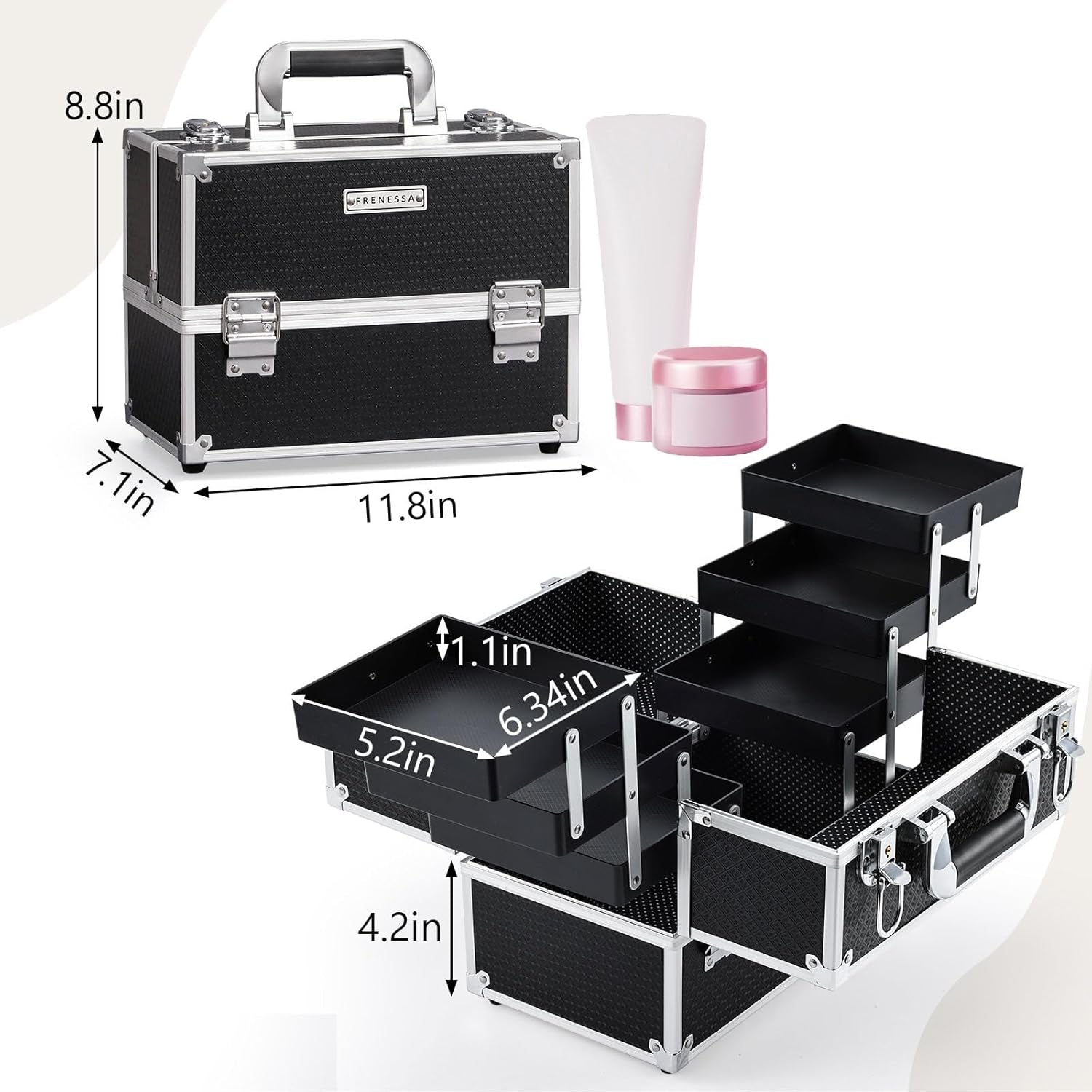 Makeup Train Case 12 Inch Large Portable Cosmetic Case - 6 Tier Trays Professional Makeup Storage Organizer Box Make up Carrier with Lockable Keys Travel Case for Women and Girls - Black