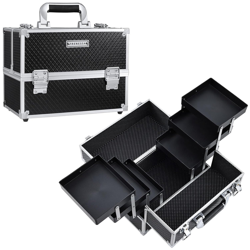 Makeup Train Case 12 Inch Large Portable Cosmetic Case - 6 Tier Trays Professional Makeup Storage Organizer Box Make up Carrier with Lockable Keys Travel Case for Women and Girls - Black