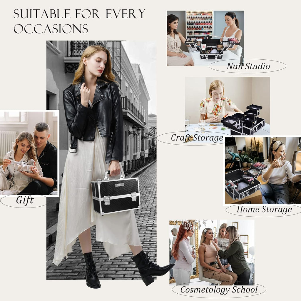 Makeup Train Case 12 Inch Large Portable Cosmetic Case - 6 Tier Trays Professional Makeup Storage Organizer Box Make up Carrier with Lockable Keys Travel Case for Women and Girls - Black
