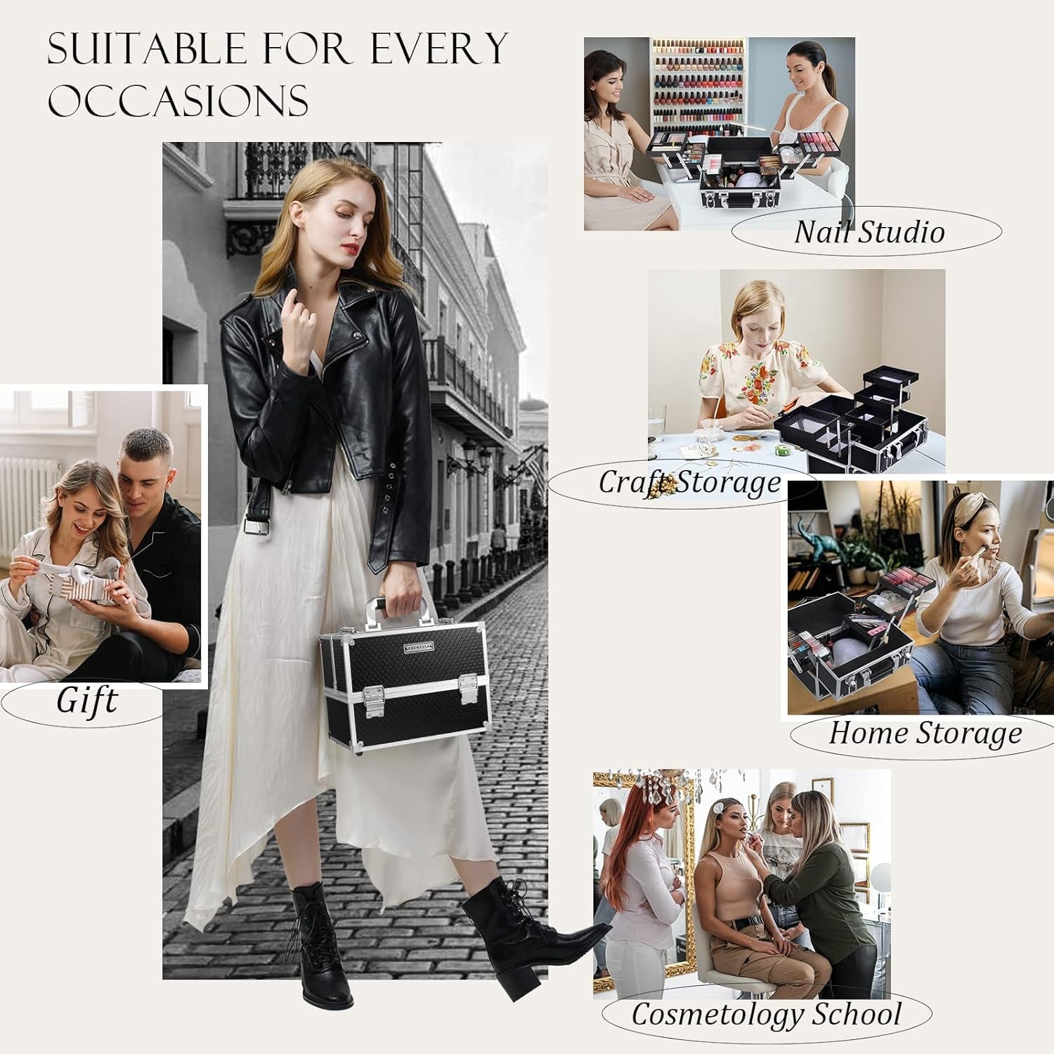 Makeup Train Case 12 Inch Large Portable Cosmetic Case - 6 Tier Trays Professional Makeup Storage Organizer Box Make up Carrier with Lockable Keys Travel Case for Women and Girls - Black