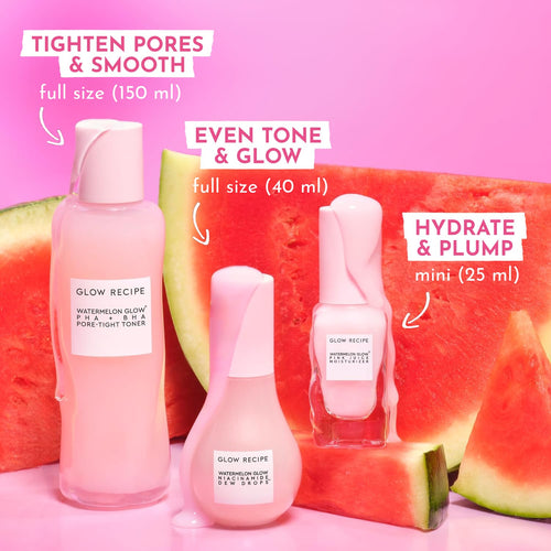 Watermelon Glow Icons Skin Care Gift Set - Niacinamide Dew Drops Face Serum + PHA + BHA Pore Minimizing Toner with Hyaluronic Acid + Pink Juice Facial Moisturizer (3 Count)